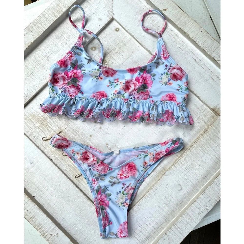 Blue Ruffle Floral Bikini Set - Picture 7 of 8